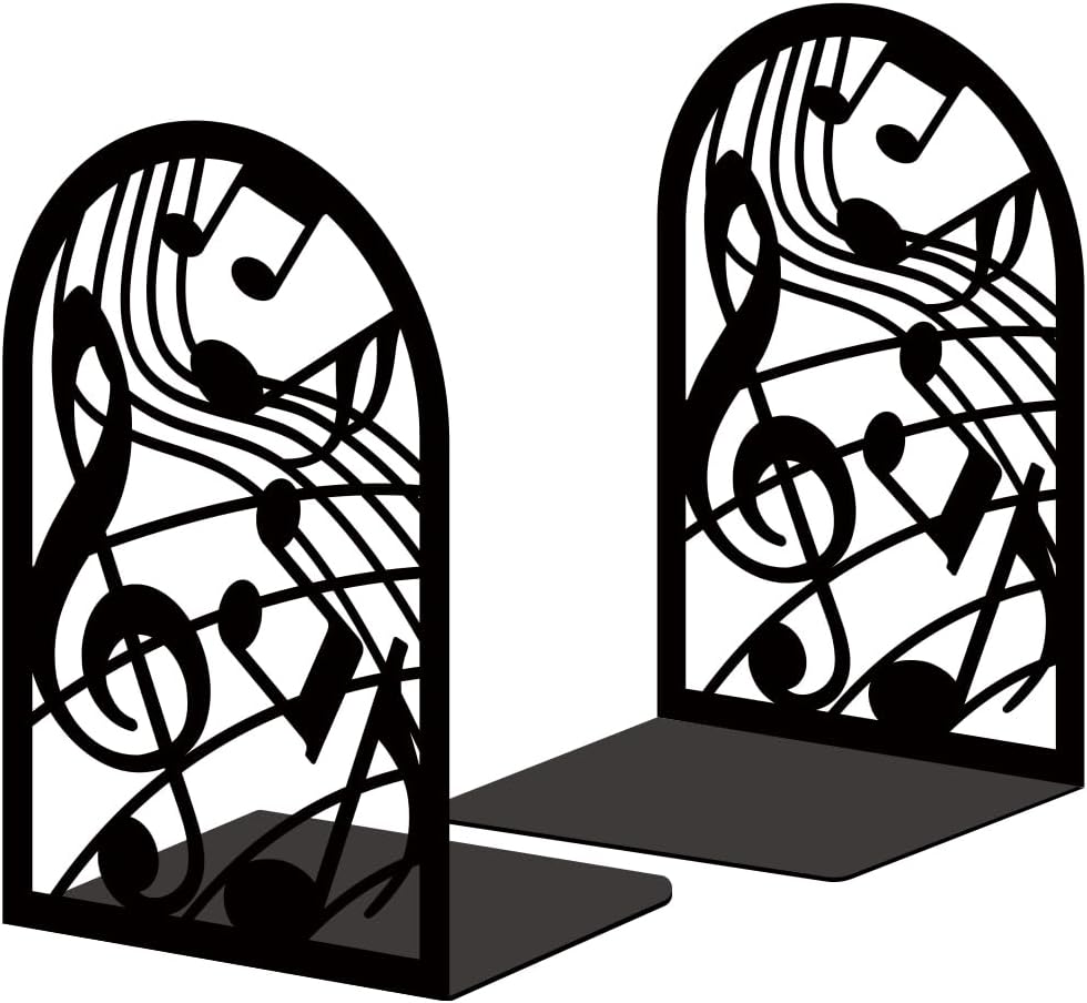 Musical Metal Book Ends Non-Skid Black Unique Bookend Decorative Heavy Book Ends for Shelves Heavy Duty Study Book Support Stoppers for Desk Musical Note 7x4.7x3.5 inch 1 Pairs/2 Pcs