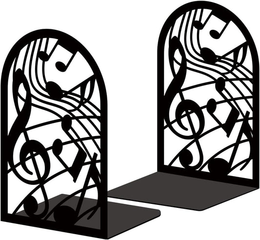 Musical Metal Book Ends Non-Skid Black Unique Bookend Decorative Heavy Book Ends for Shelves Heavy Duty Study Book Support Stoppers for Desk Musical Note 7x4.7x3.5 inch 1 Pairs/2 Pcs