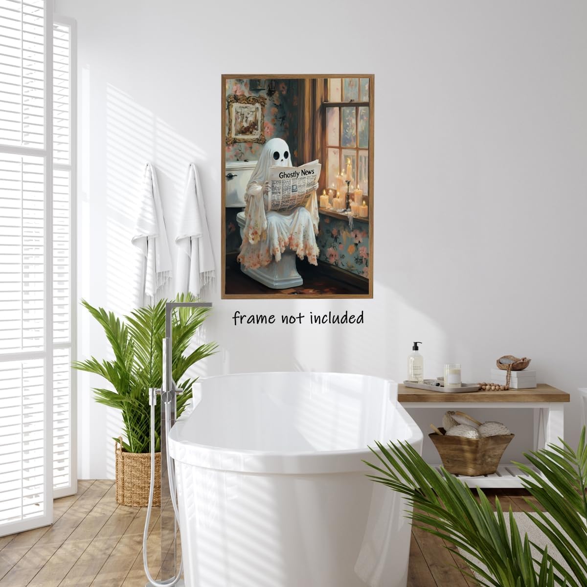 Funny Halloween Ghost Bathroom Wall Art Ghost Reading Newspaper on Toilet Canvas Poster Whimsical Dark Academia Pictures Print for Goth Home bathroom Toilet Decor Aesthetic 12x16inch Unframed