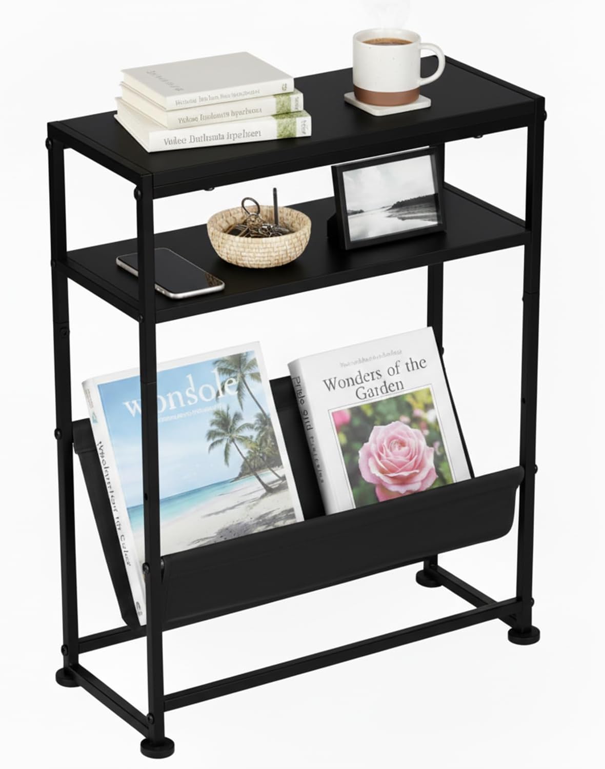 Narrow End Table for Small Spaces - Slim Side Table with Magazine Holder,2 in 1 Design Narrow Coffee Table Living Room,Skinny Bedroom Nightstand Thin Side Magazine Table,Black