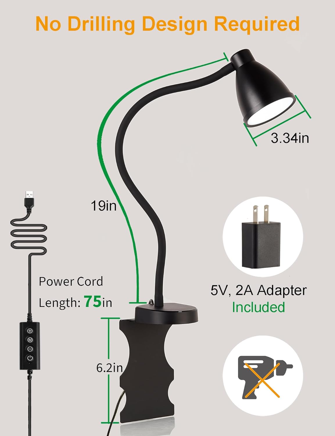 BOHON No Install Bedside Reading Light, Clip-Free Wall Mounted Lamp with 5 Colors & 10 Brightness Levels, Flexible Gooseneck, 30 Min Auto-Off Timer, Bed Lights for Headboard, Bedroom, Dorm (Black)