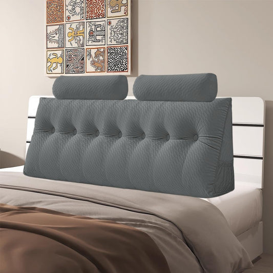 Velvet Triangular Headboard Wedge Pillow With Roll Pillow,Removable Cover Headboard Pillow Daybed Bunk Bed,Backrest Positioning Support Pillow Resting Reading Relaxing (Grey, King(76 * 20 * 8in))