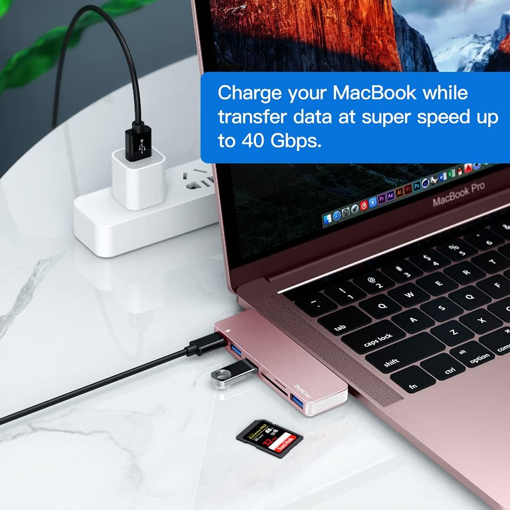 USB C Hub Adapter for MacBook Pro/Air 2020 2019 2018, 6 in 1 USB-C Accessories Compatible with MacBook Pro 13″ and 15″ with 3 USB 3.0 Ports, TF/SD Card Reader, Power Delivery (Pink)