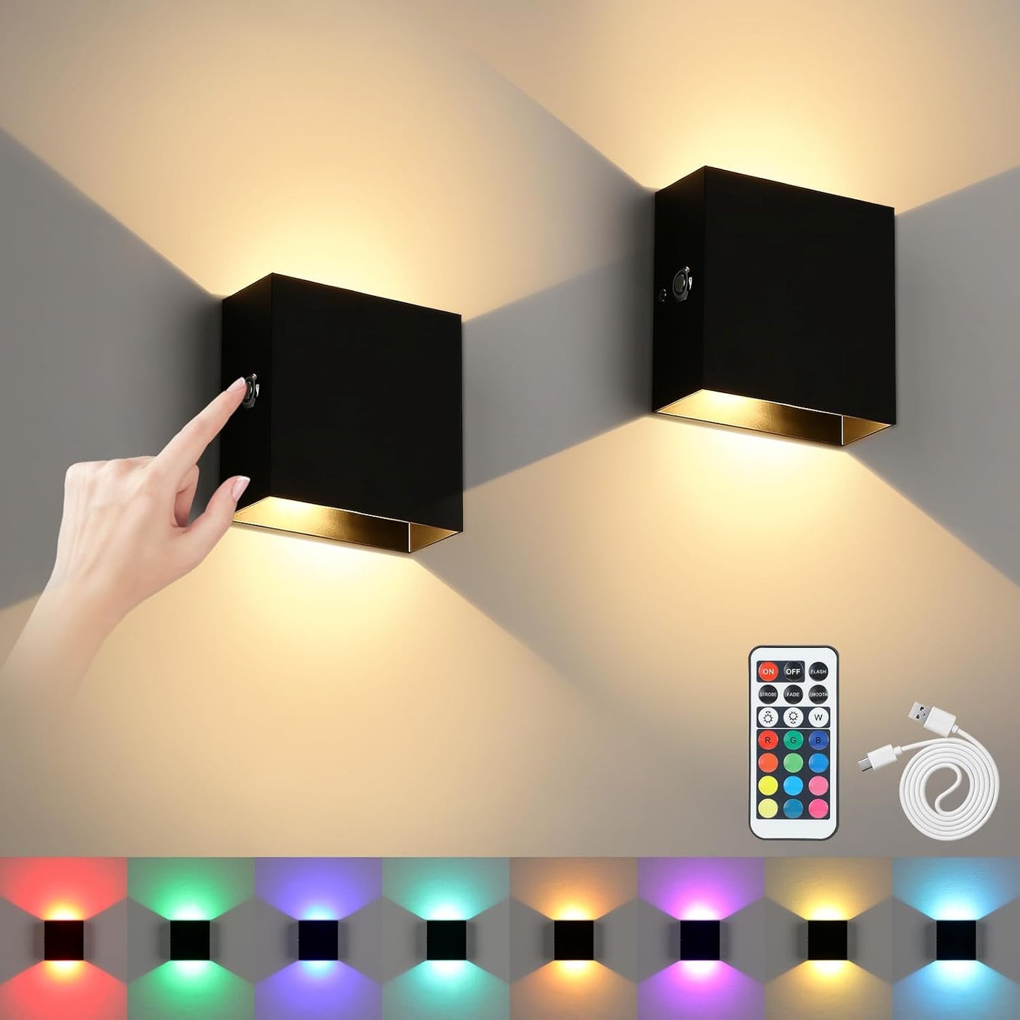 Battery Wall Sconces Set of Two, Rechargeable Colored Wall Lights with Remote, Stick Up and Down Indoor Lighting Cordless Sconce for Hallway, Black