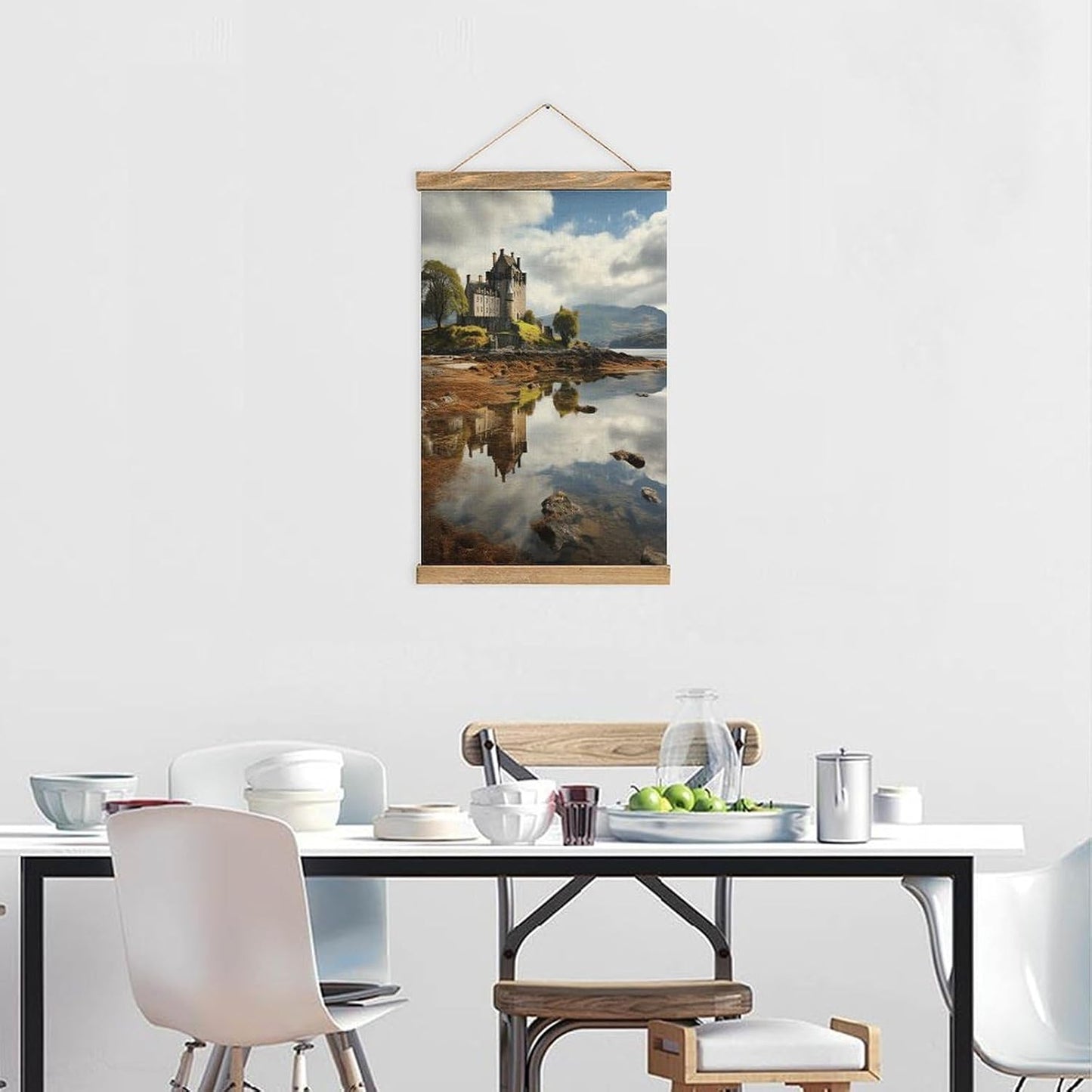 Vintage Scotland Castle Water Lake Scottish Poster with Wooden Frame Personalized Linen Hanging Scroll Painting Rustic Wall Hanging Illustrative Modern Artwork Decor for Home Living Room Bedroom Offic