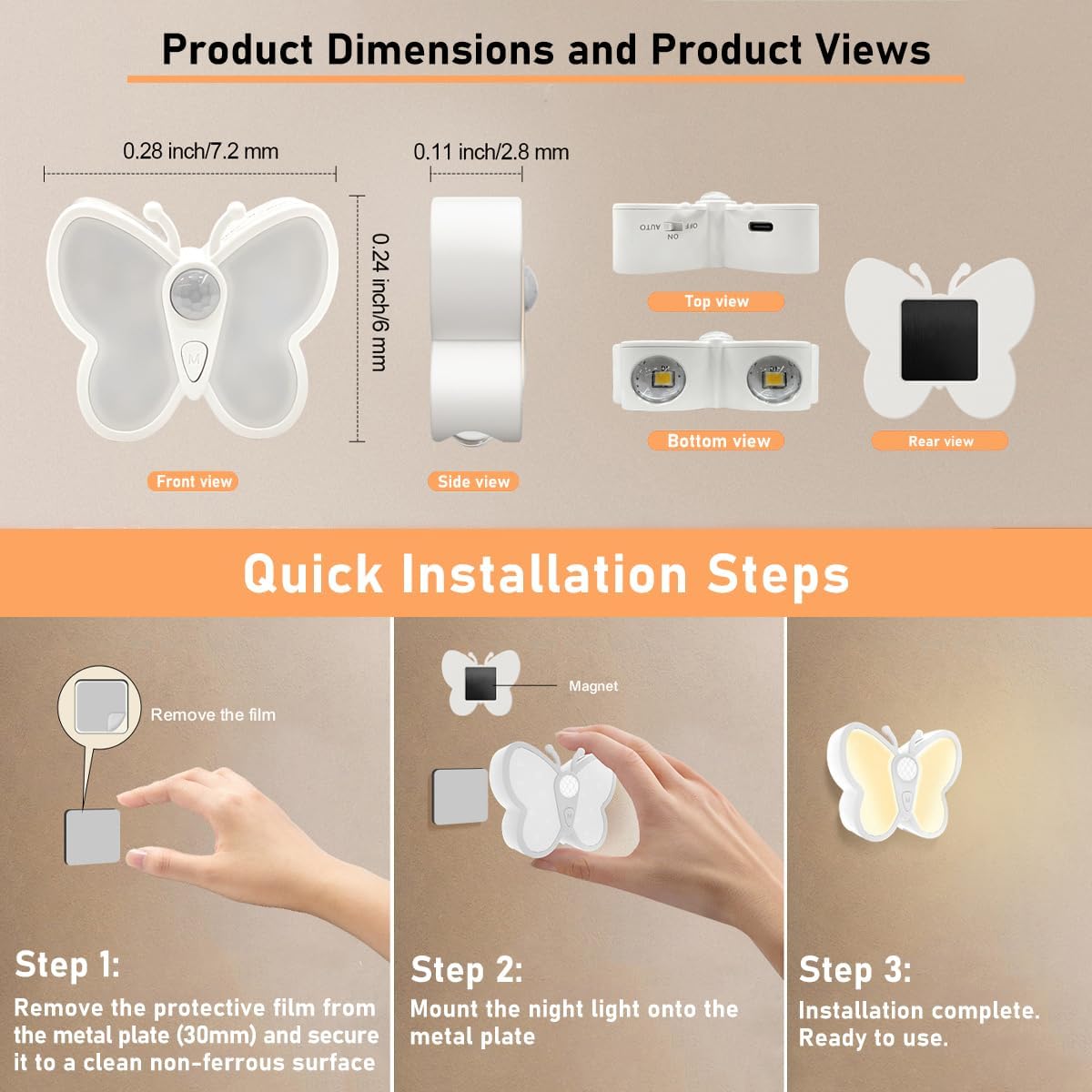 Dimmable Butterfly LED Night Light for Kids Bright Motion Sensor Night Light Lamp with Spotlight Magnetic Rechargeable Nightlight Rechargeable Nightlight for Kid Room, Bedroom, Hallway, Stairs