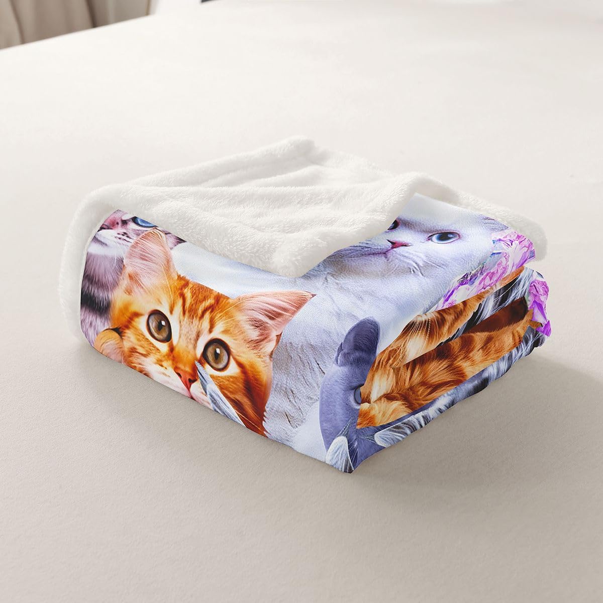 Feelyou Cute Cat Sherpa Blanket Pet Funny Cats Toddler Fleece Throw Blanket for Kids Boys Girls Lovers Cat Floral Purple Fuzzy Blanket for Sofa Bed Couch Feline Animal Lovely Decor,Twin 60x80 Inches