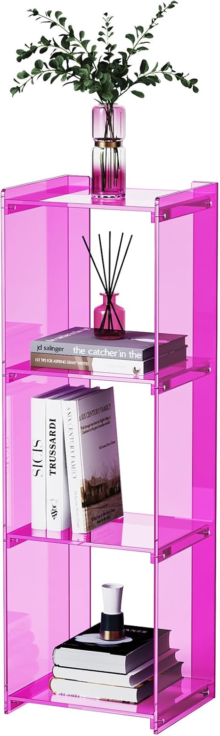 Acrylic Bookcase Small Narrow Shelf Bookshelf Corner Bookshelf Freestanding Tall Skinny Storage Organizer Rack, for Living Room, Kitchen, Bedroom 43.3" H (Pink)