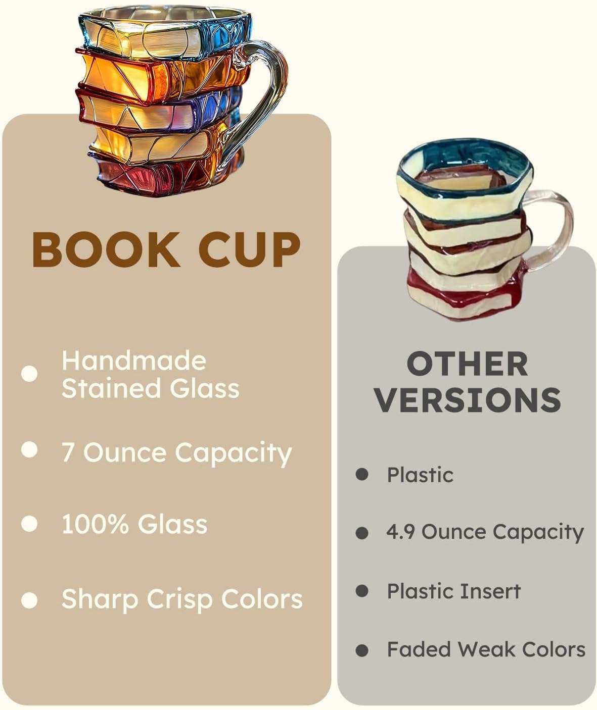 2PCS Chapter Book Mug Glass 3D Book Mugs Birthday Gift For Women Stained Glass Cups with Stack Design Artistic Reading Coffee Cup Unique Literary Friendship Gifts for Women Friends & Readers