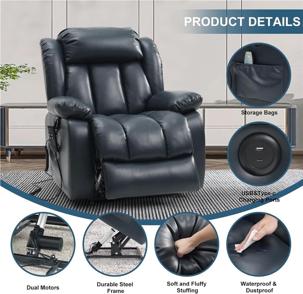 Adjustable Large Power Lift Recliner Chair with Heat and Massage, Lay Flat Electric Recliner Chair for Elderly, Infinite Position Lift Chair with USB Ports and Remote
