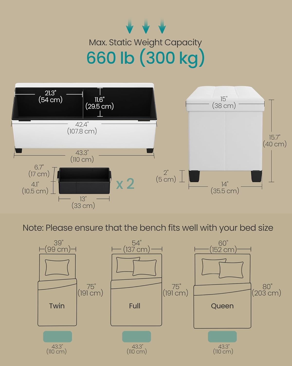 SONGMICS Storage Ottoman, Storage Bench with Legs, 15 x 43.3 x 15.7 Inches, Ottoman Bench, 30 Gal. (112 L), Synthetic Leather, for Living Room, Entryway, Cloud White ULSF0514W02
