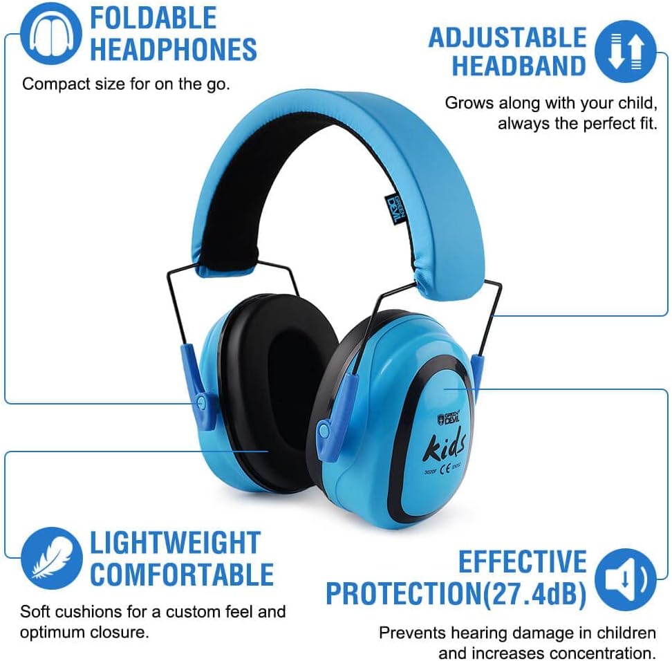 GREEN DEVIL Kids/Toddler Ear Hearing Protection Safety Ear Muffs For Age 3-16 27.4dB Noise Cancelling Headphones 27.4dB