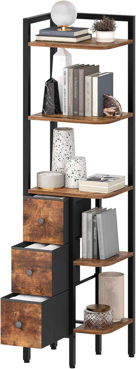 Corner Shelf Stand, 5-Tier Corner Bookshelf with 3 Drawers, Industrial Display Shelf for Narrow Spaces, Wooden Small Bookcase, Easy Assembly, Rustic Brown and Black CJ10BR