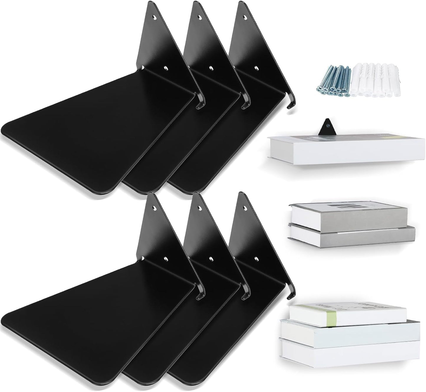 Jetec 6 Pieces Invisible Floating Bookshelf for Wall Mount Iron Floating Book Shelves Multipurpose Hidden Hanging Bookshelves Wall Book Holders for Room Bedroom Home Office Library Bookcase (Black)
