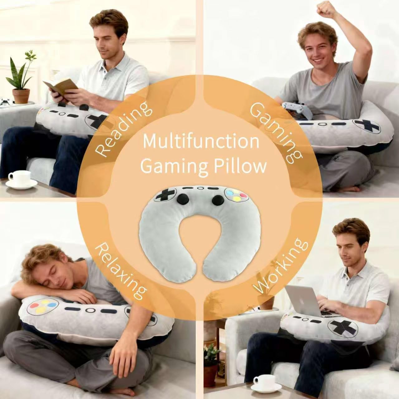 Gaming Pillow, Lap Desk Reading Pillow for Adults Teens, Arm Support Pillow for Sitting in Bed Sofa, Playing Steam Deck/Switch/Xbox/PS5, Gamer Gifts for Men Teenage Boy, Light Grey
