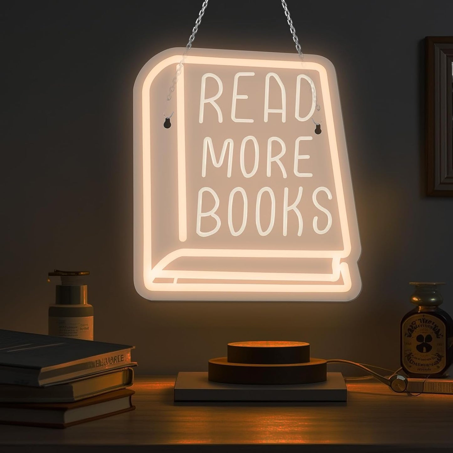 Neon Sign Read More Books, White LED Sign for Library Decor, 11 Inches x 11 Inches, Acrylic Material