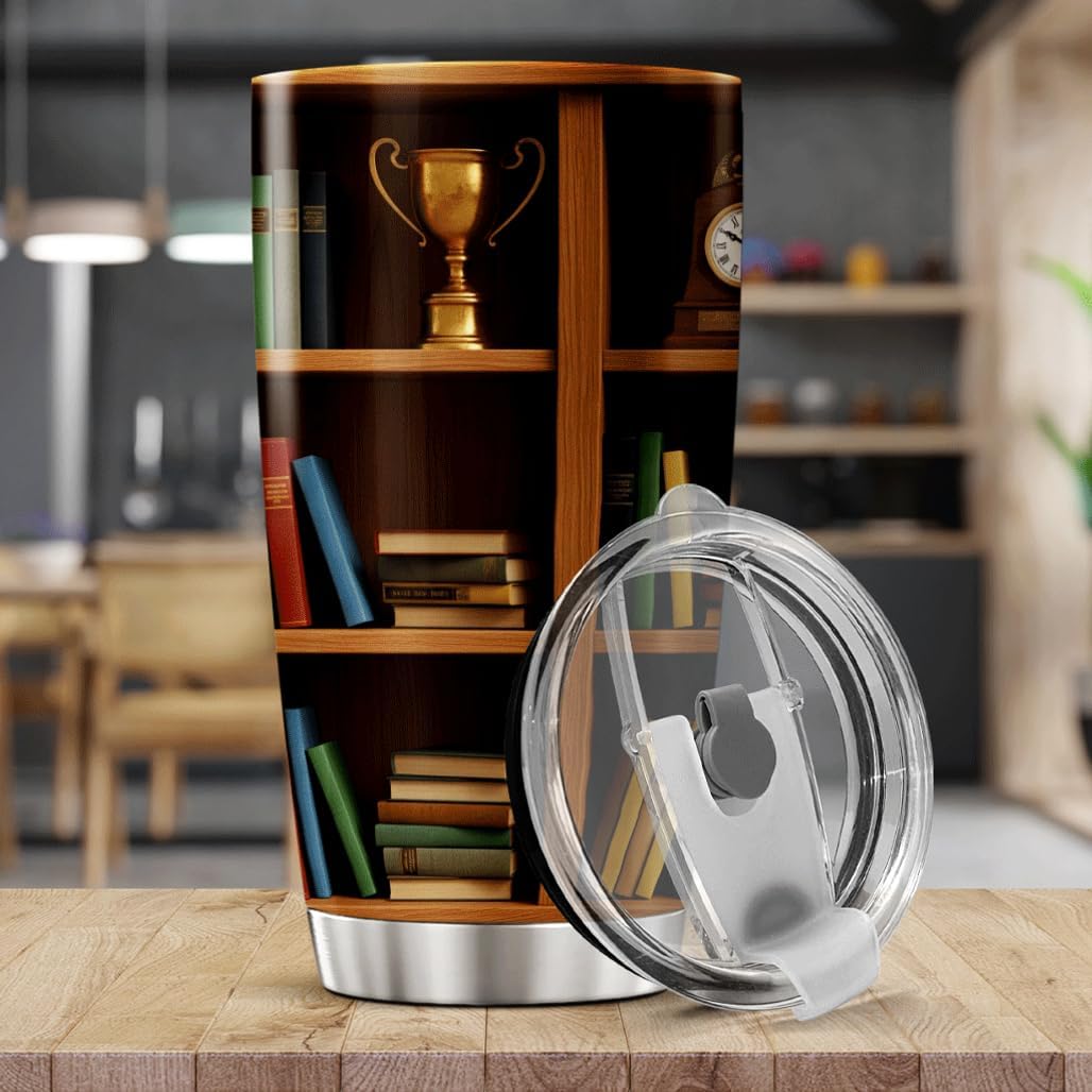 CUBICER Bookshelf Design Stainless Steel Tumbler 20 Oz For Book Lovers Teachers Librarians And Writers Gift Reading Enthusiasts Heat Coffee Iced Insulated Hot Cool Travel