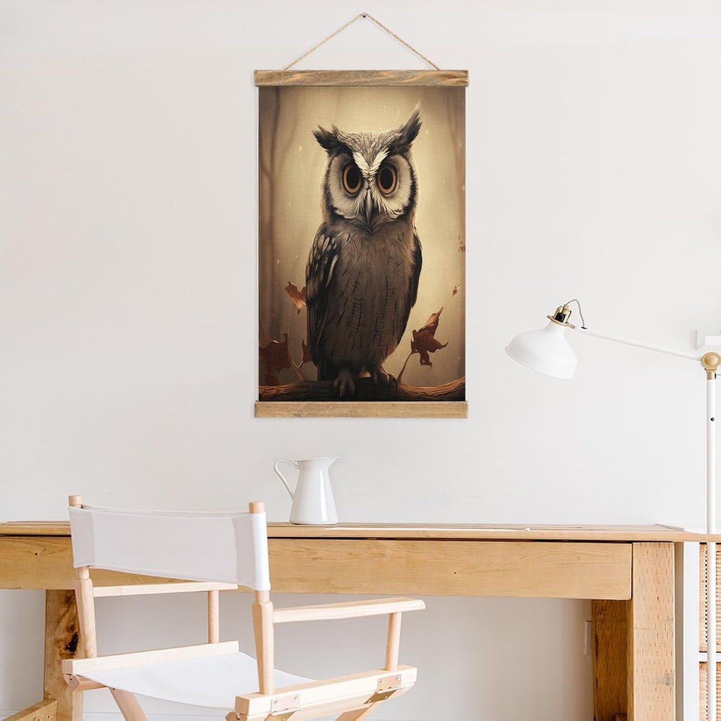 Vintage Cute Owl Poster with Wooden Frame Personalized Linen Hanging Scroll Painting Rustic Wall Hanging Illustrative Modern Artwork Decor for Home Living Room Bedroom Office