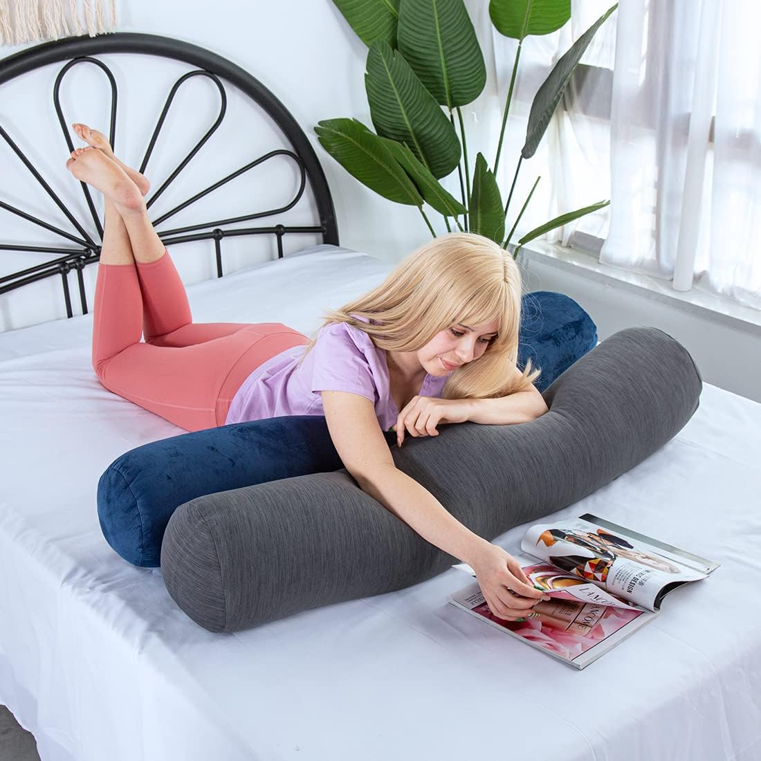 Body Pillow for Adults, Bolster Pillow with Removable Velvet Cover, Long Round Cervical Roll Pillow, 47 x 7.87 Inches, Grey