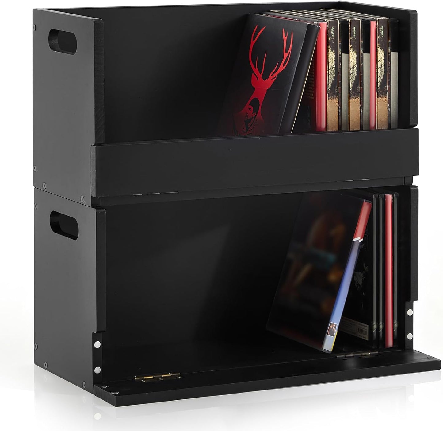 2 Set Wooden DVD Storage Box DVD Storage Shelf Holder Solid Wood Cassette Tape Display Organizer with Carrying Handle for CD, Movie Cases, Each Organizer Can Store up to 26 Boxes (Black)