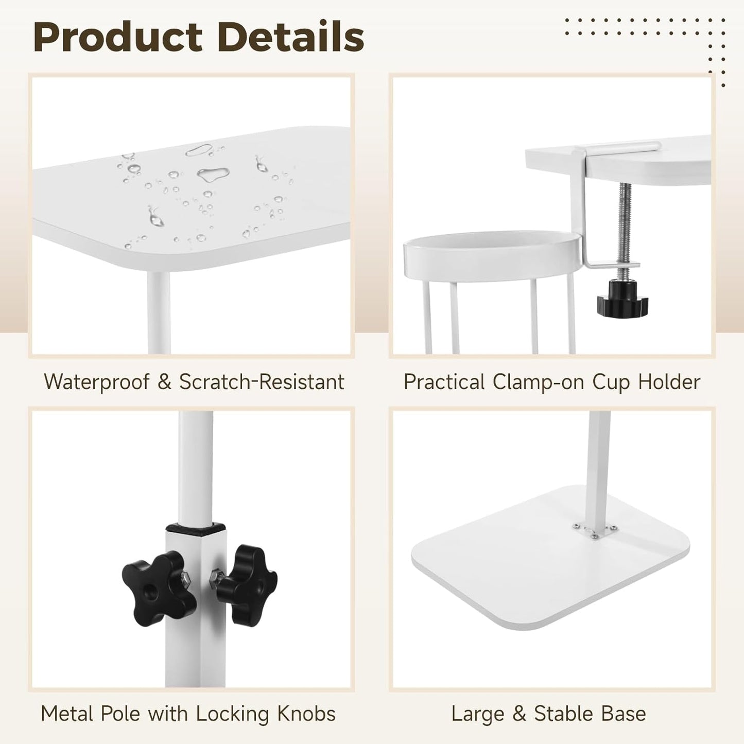 360° Swivel C Shaped Side Table with Cup Holder, Adjustable Height Sofa Tray Table for Couch or Bed, Sliding Under Sofa Snack & Laptop Side Table for Small Spaces, White End Table