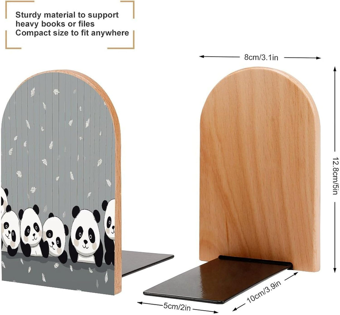 Funny Baby Panda Bookends 1 Pair Heavy Duty Book Ends for Shelves Non-Skid Bookend Supports Wooden Book Holders with Metal Base Desk Organizers Books Storage to Hold Books