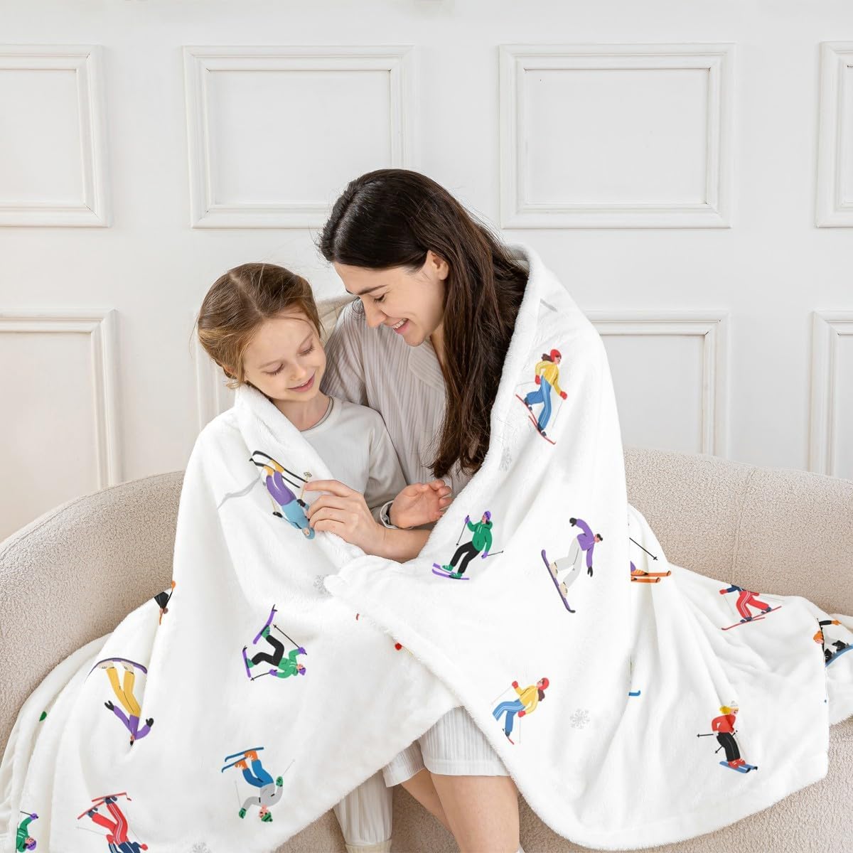 Winter Ski Sports Throw Blanket,Cartoon Skiing Skier Blankets,Snow Extreme Sports Fleece Blanket for Kids Boys Girls Teens Bedroom Decor,Colorful White Sherpa Blanket,for Chair/Sofa,50"×60"