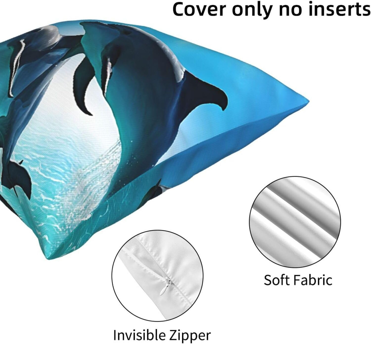 All-Season Square Pillow Covers 18"X18", Dolphins in The Sea, Decorative Throw Pillow Covers for Sofa Bed Couch, Hidden Zipper Cushion Cover, Square Lumbar & Accent Pillowcases for Home Decor