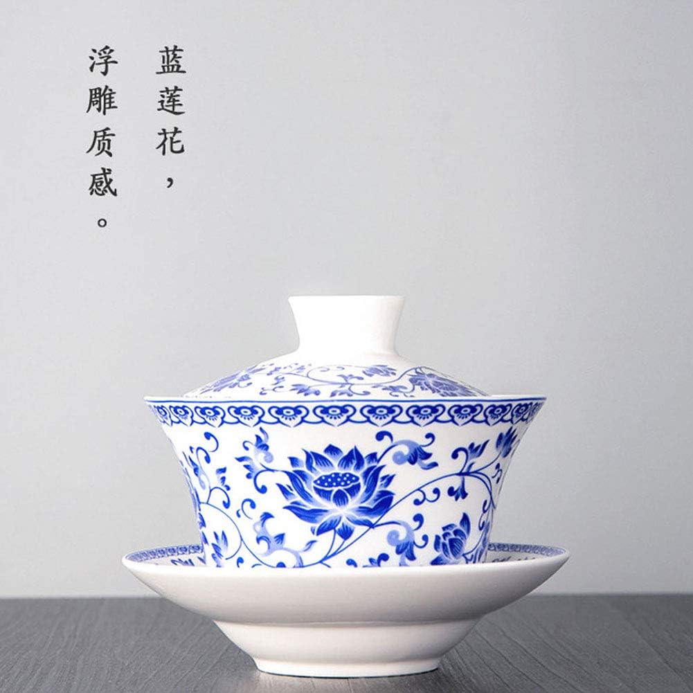 Liang baobao Traditional Gaiwan Tea Set with Lid and Saucer Blue Lotus Design Tea Cup Flower Porcelain Teacups 10oz