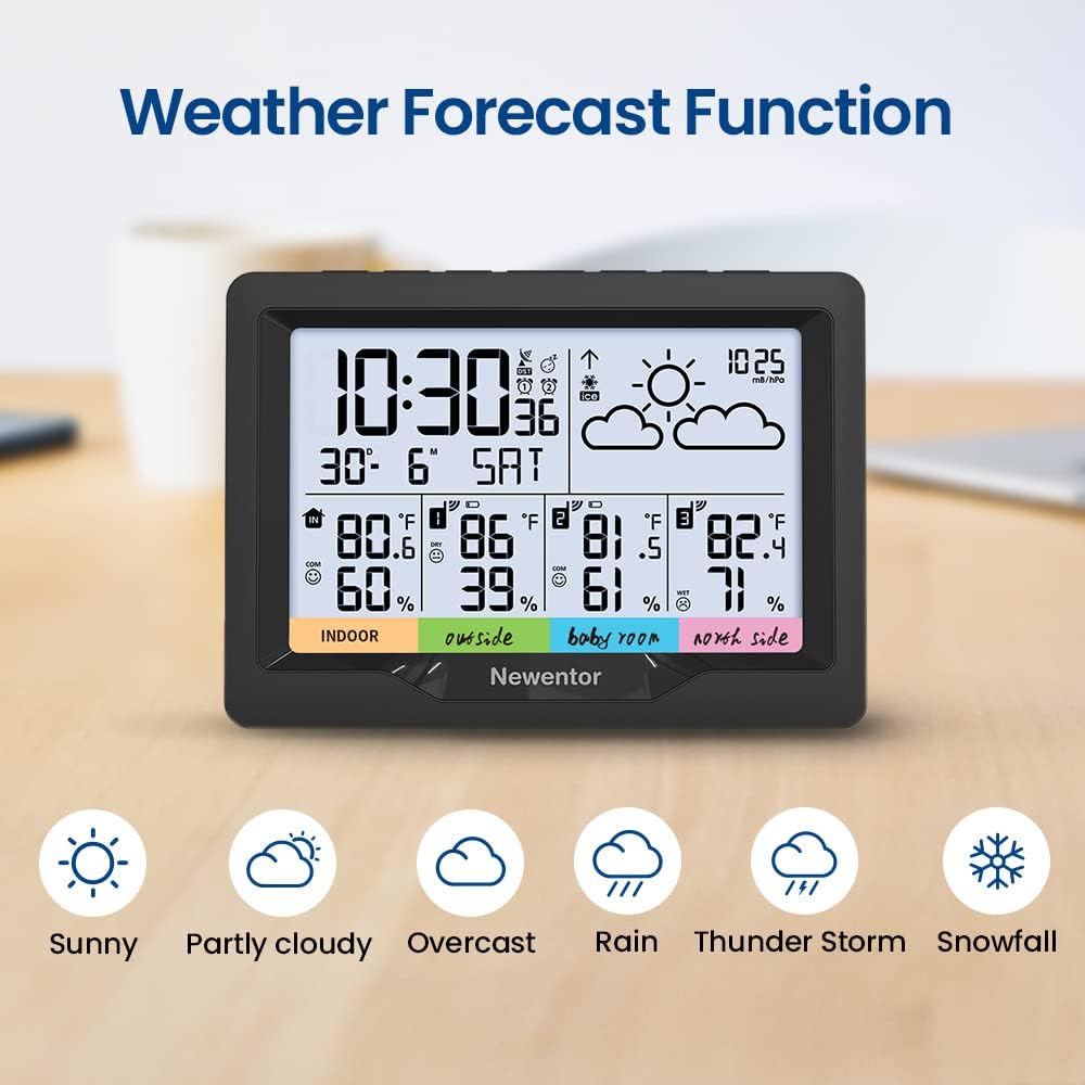 Newentor Weather Station Wireless Indoor Outdoor Multiple Sensors, Digital Atomic Clock Weather Thermometer, Temperature and Humidity Monitor, Forecast Weather Station with Backlight, Black