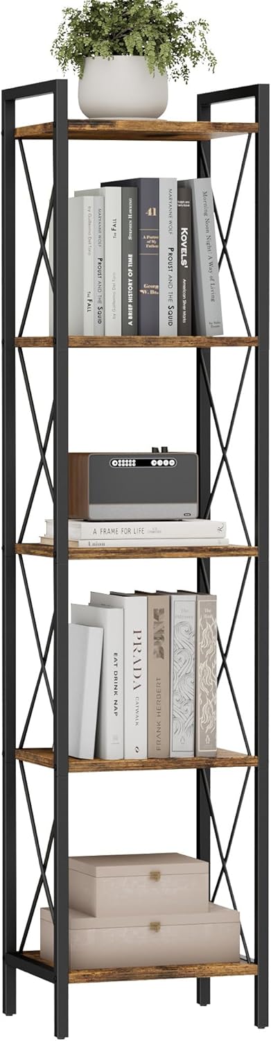 Homhedy 5 Tier Bookshelf, Tall Narrow Bookcase for Small Space, Metal Storage Book Shelf, for Home Office, Living Room, Kitchen, Bedroom, Industrial Style, 10.4" D x 13" W x 55.1" H, Rustic Brown