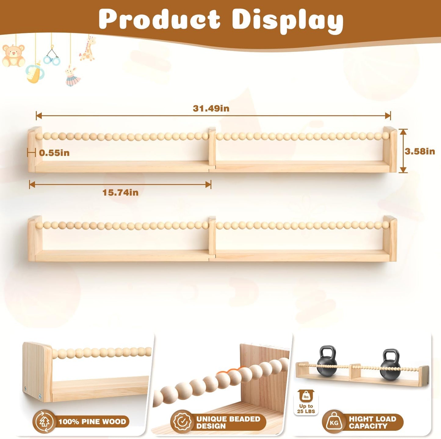 32 Inch Floating Shelf with Wooden Bead Design - Solid Pine Wall Mounted Bookshelf, Child-Safe Nursery Storage for Kids Room Decor, Set of 3