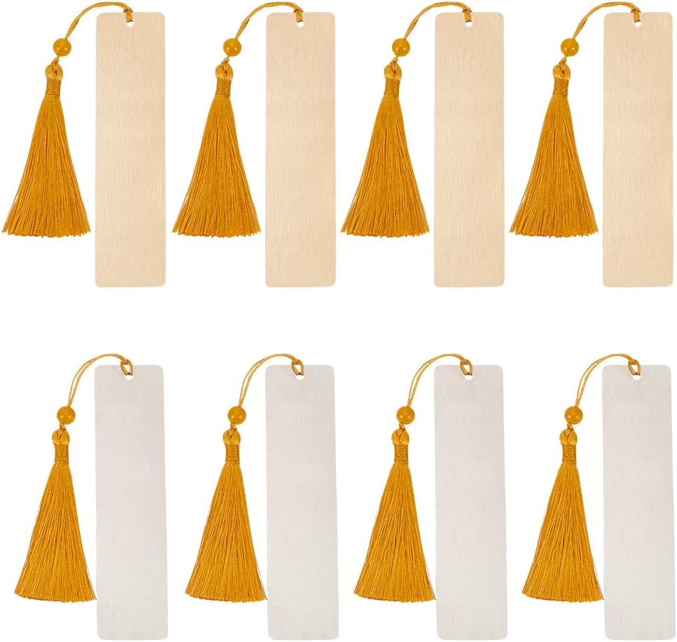 WEBEEDY 8 PCS Blank Metal Bookmark with Tassel Stainless Steel Brass Bookmark for Engraving DIY Metal Tassel Bookmarks Unique Book Accessories Reading Book Lovers Teachers Bookish Gifts(Gold,Silver)