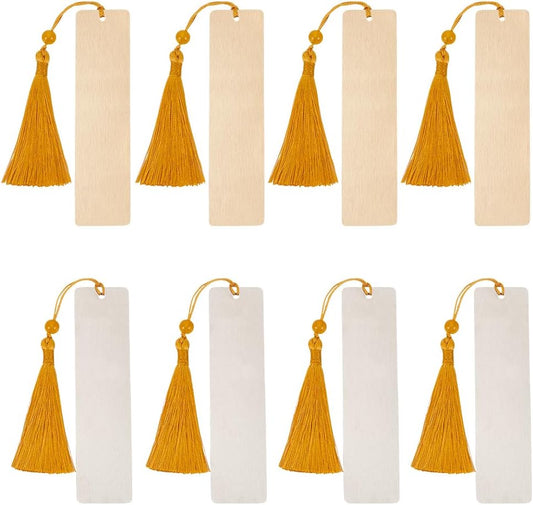 WEBEEDY 8 PCS Blank Metal Bookmark with Tassel Stainless Steel Brass Bookmark for Engraving DIY Metal Tassel Bookmarks Unique Book Accessories Reading Book Lovers Teachers Bookish Gifts(Gold,Silver)