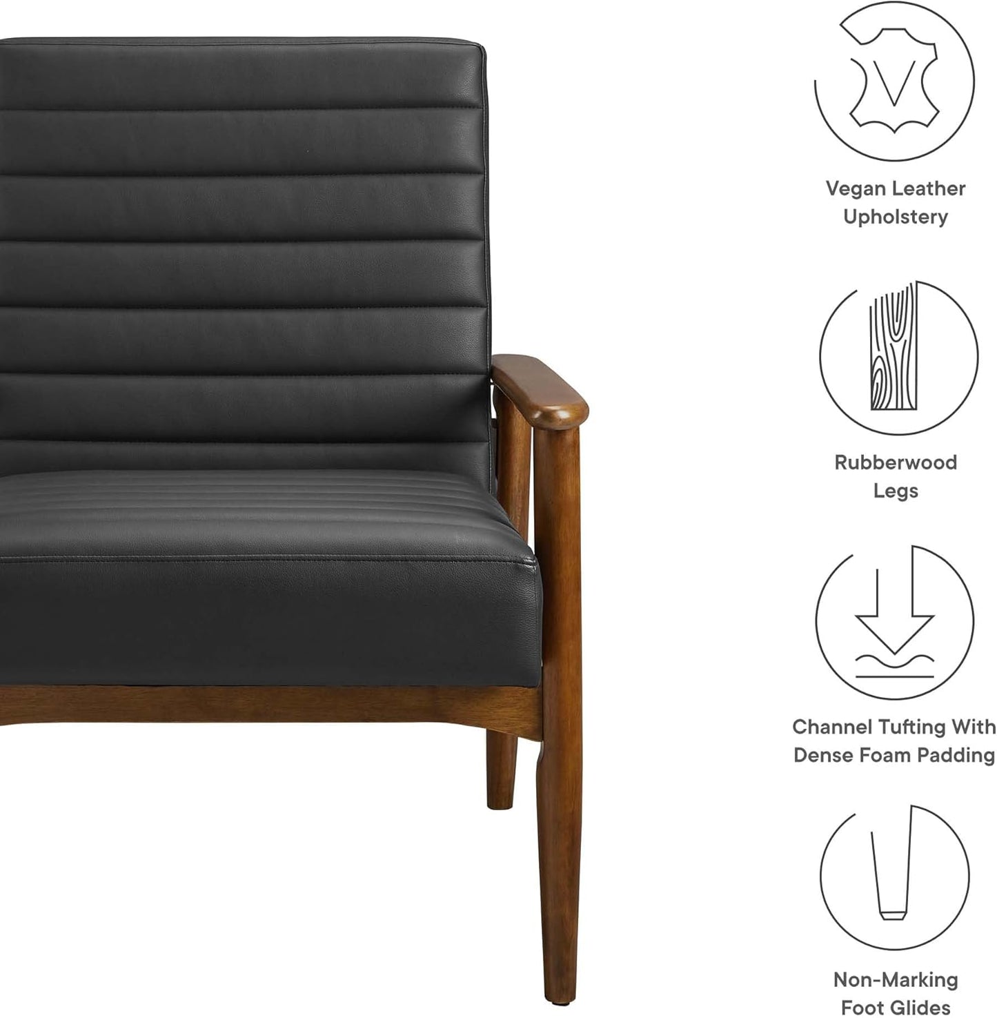 Modway Jensen Vegan Leather Accent Chair in Walnut Black - Mid-Century Modern Armchair with Solid Wood Legs & Armrest - Upholstered Faux Leather Single Side Chair - Reading Chair for Living Room