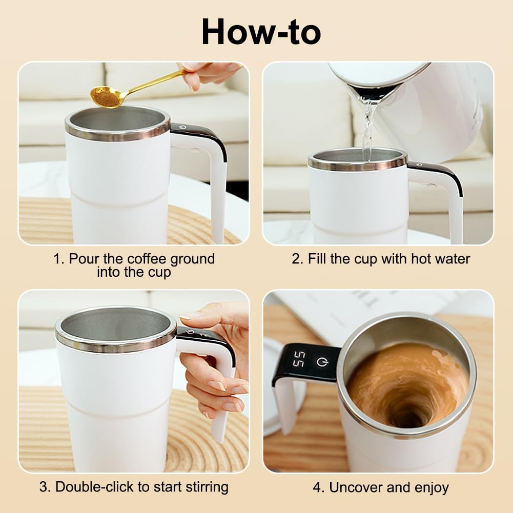 Self-stirring Coffee Mug Magnetic Stirring Cup Drink Stirrer Rechargeable Automatic Mixing Cup w/LCD Thermometer for Coffee Tea Hot Chocolate (White, 13 oz)