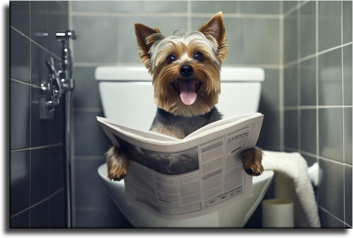 Funny Dog Bathroom Wall Art Dog Reading the Newspaper on Toilet Poster Wall Decor Wall Art Printing Picture Canvas Living Room Decor Painting Framed and Unframed. (12x18inch-Framed)