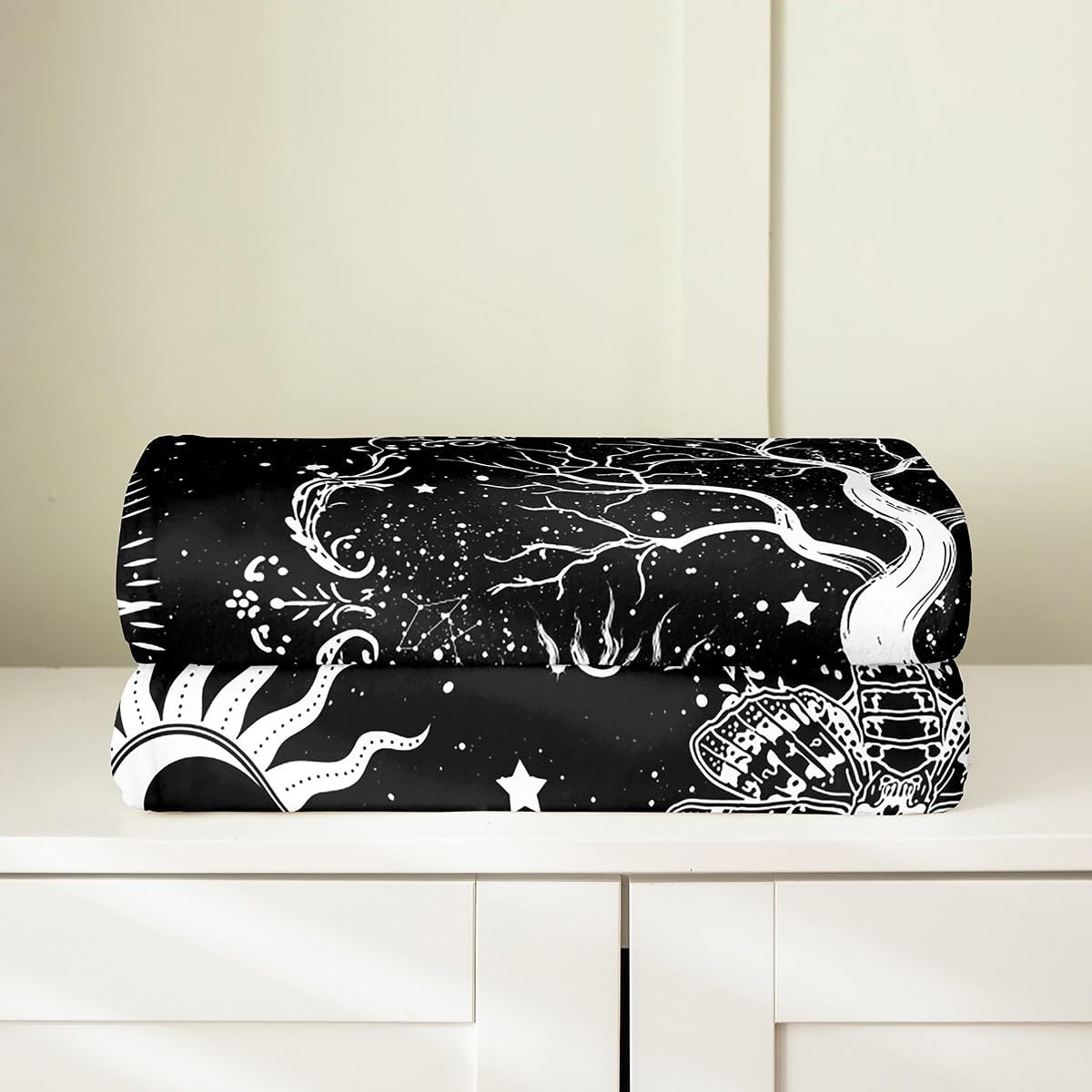 Erosebridal Tree of Life Blanket Hippie Gothic Moth Throw Blanket,Sun and Moon Fleece Blanket Throw 50x60 Psychedelic Galaxy Stars Flannel Blanket,Black and White Fuzzy Blanket Sofa Bed Couch Decor