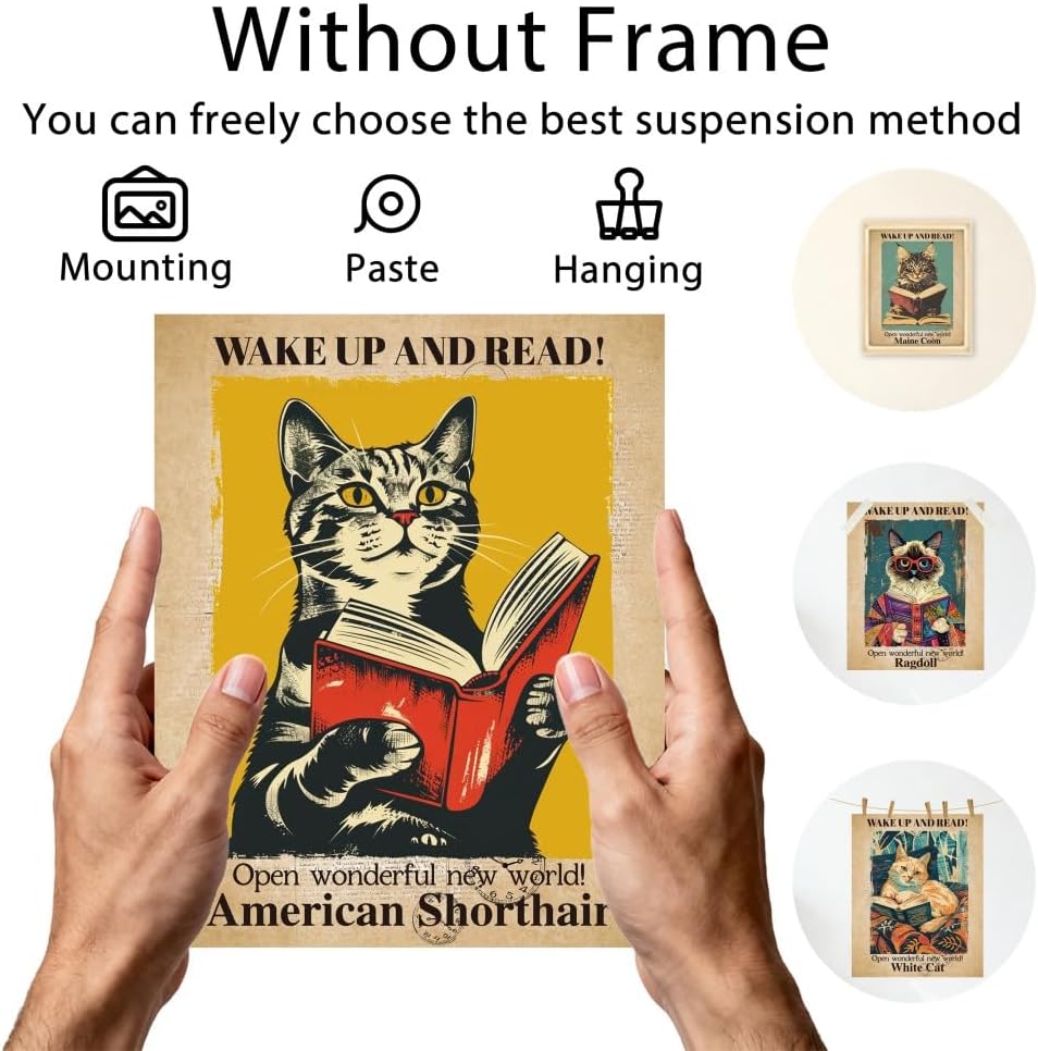 CRAFTYMELODY Cat Reading Wall Art Prints Set of 9 Vintage Book Theme Poster Wall Decor Home Artworks for Gallery Living Dining Room Bedroom Bathroom Home Decoration 8x10 Inch Unframed