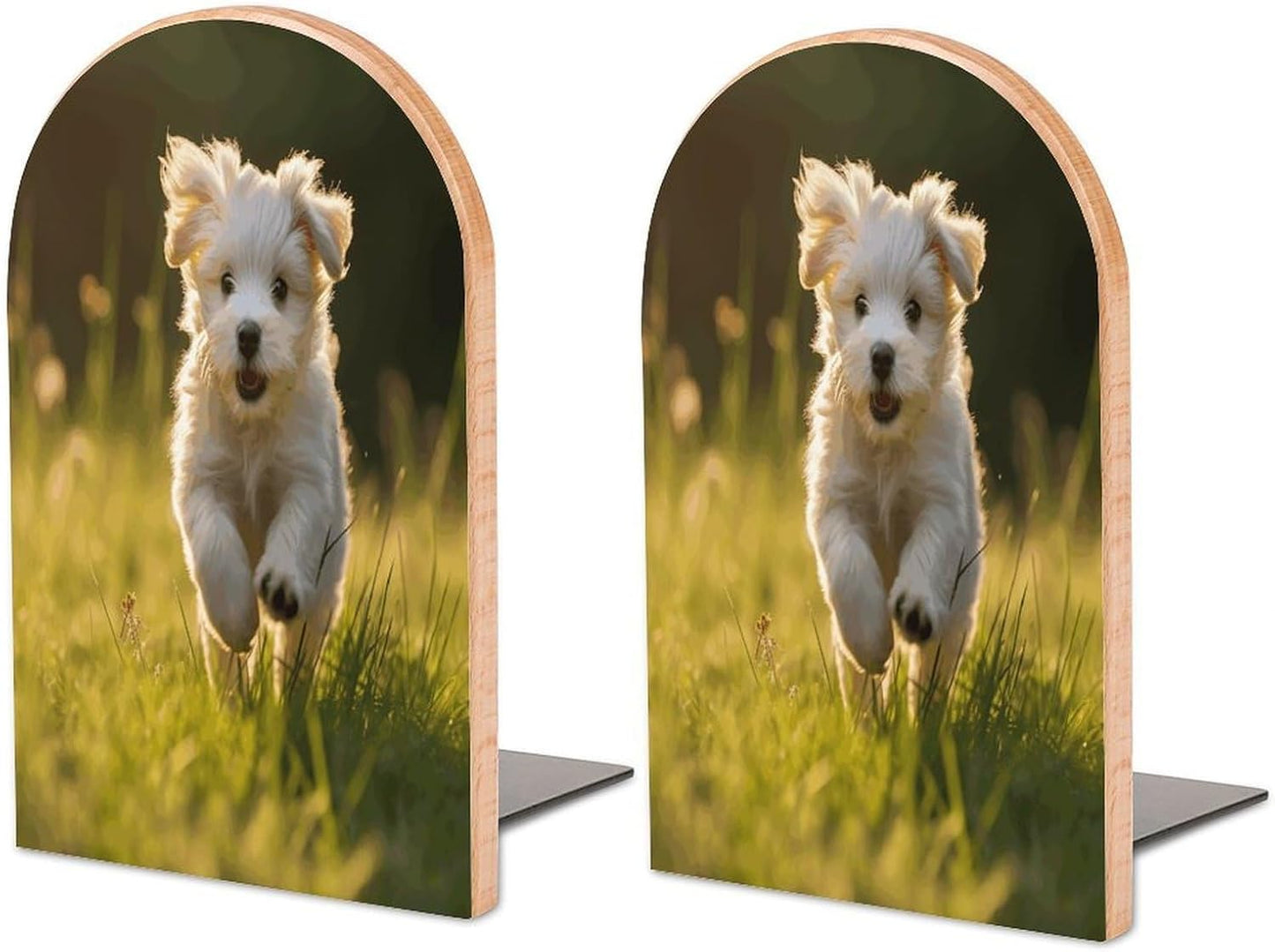 Puppy Crossing The Grass Bookend for Shelves Wooden Book End Large Size Sturdy Book Holders Stoppers with Metal Base for Bookshelves Slick Decorative Bookends Stands