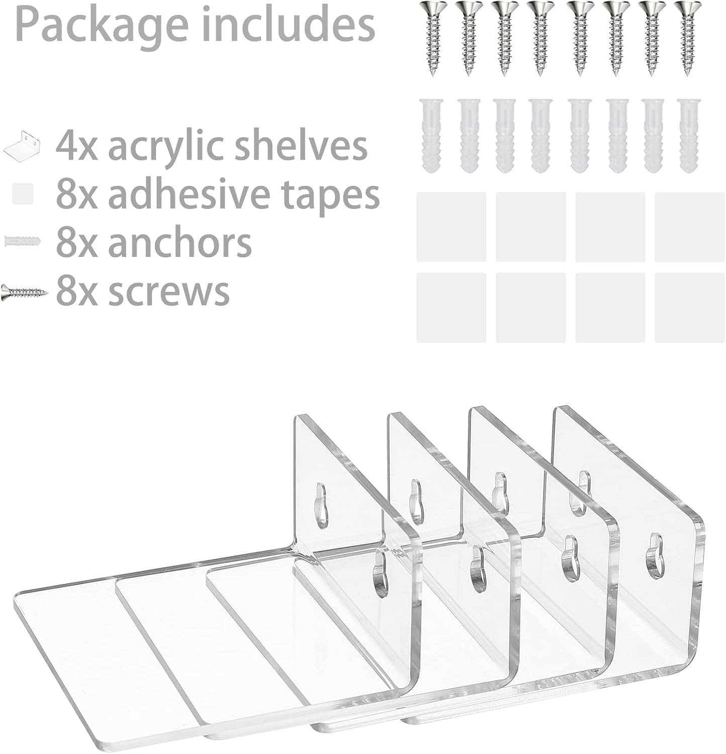 Acrylic Wall Shelves,Clear 4 inch Floating Shelves for Display,Ledges Pop Figures,Plant,Tiny Wall Mounted Transparent Shelf Small Invisible Shelves with Adhesive for Bedroom Living Room Decoration