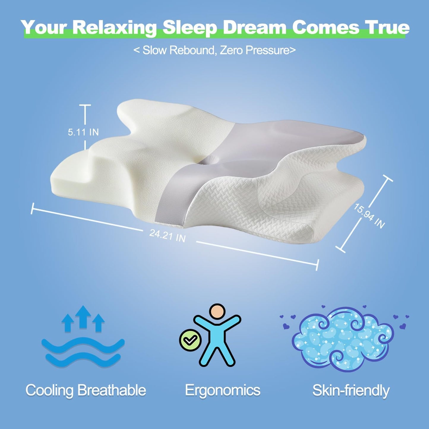 Cervical Neck Pillow – Ergonomic Neck Pain Relief Pillow, Contour Memory Foam Orthopedic Support, Ideal for Side Back Stomach Sleepers with Cooling Breathable Pillowcase