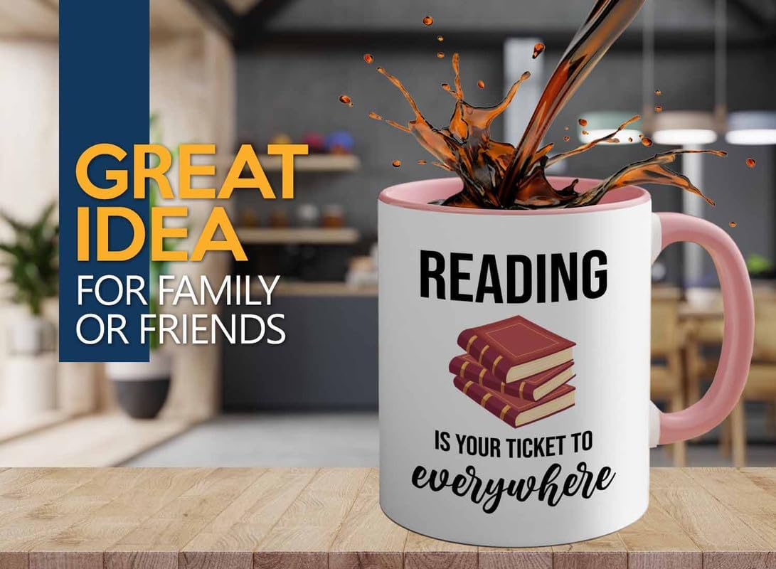 Bookish 2Tone Mug 11oz Pink -Reading ticket to everywhere - Novel enthusiast Book Club Librarian Book Lover Writer Reader Bibliophile