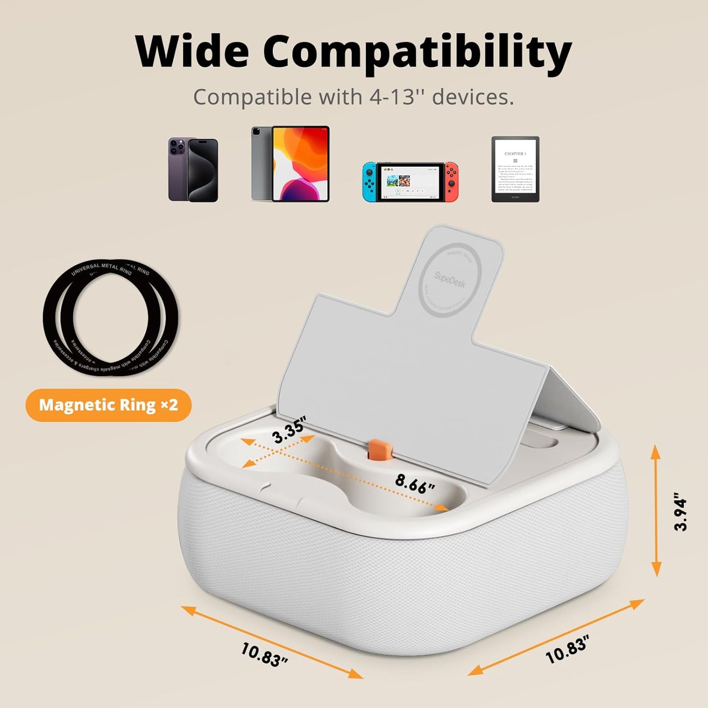 Magnetic Tablet Pillow Stand, Lap Tablet Holder with Two Magnetic Rings, Compatible with 4-13" Phones, Tablets, Kindle, Cozy Pillow Stand for Lap, Desk, Bed, Pale Gray
