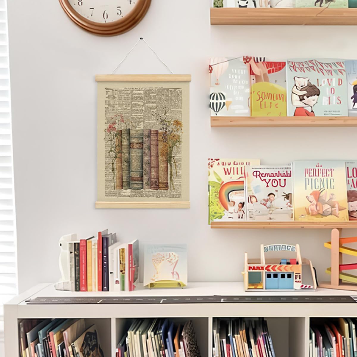 Wheatwin Vintage Book Posters, Retro Floral Book Wall Art with Wooden Poster Hanger, Reading Corner Decor for Classroom, Reading Nook Decor, Bookish Decor, Library Posters, 12x16 Inch