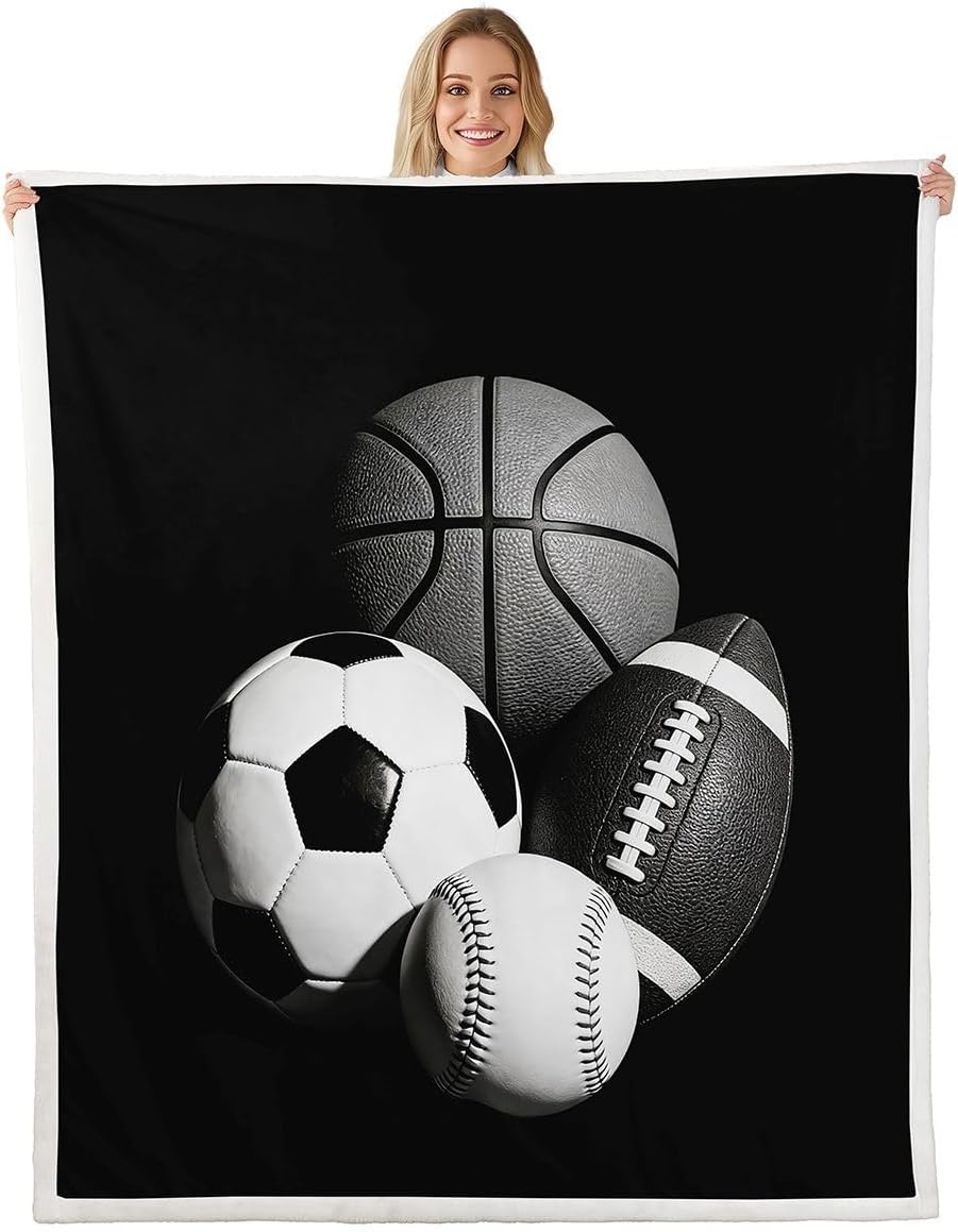 Feelyou Sports Sherpa Throw Blanket for Couch Football Super Soft Cozy Fleece Black White Baseball Blanket for Winter, Plush Throw Soocer Basketball Baby 30"x40" All Season