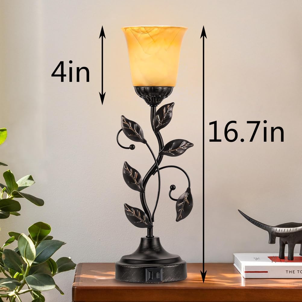 Vintage Bedside Touch Control Table Lamp 3 Way Dimmable, Amber Glass LED Reading Nightstand Light with 2 USB Charging Ports, Farmhouse Bronze Finish Leaf Desk Lamp for Living Room Bedroom