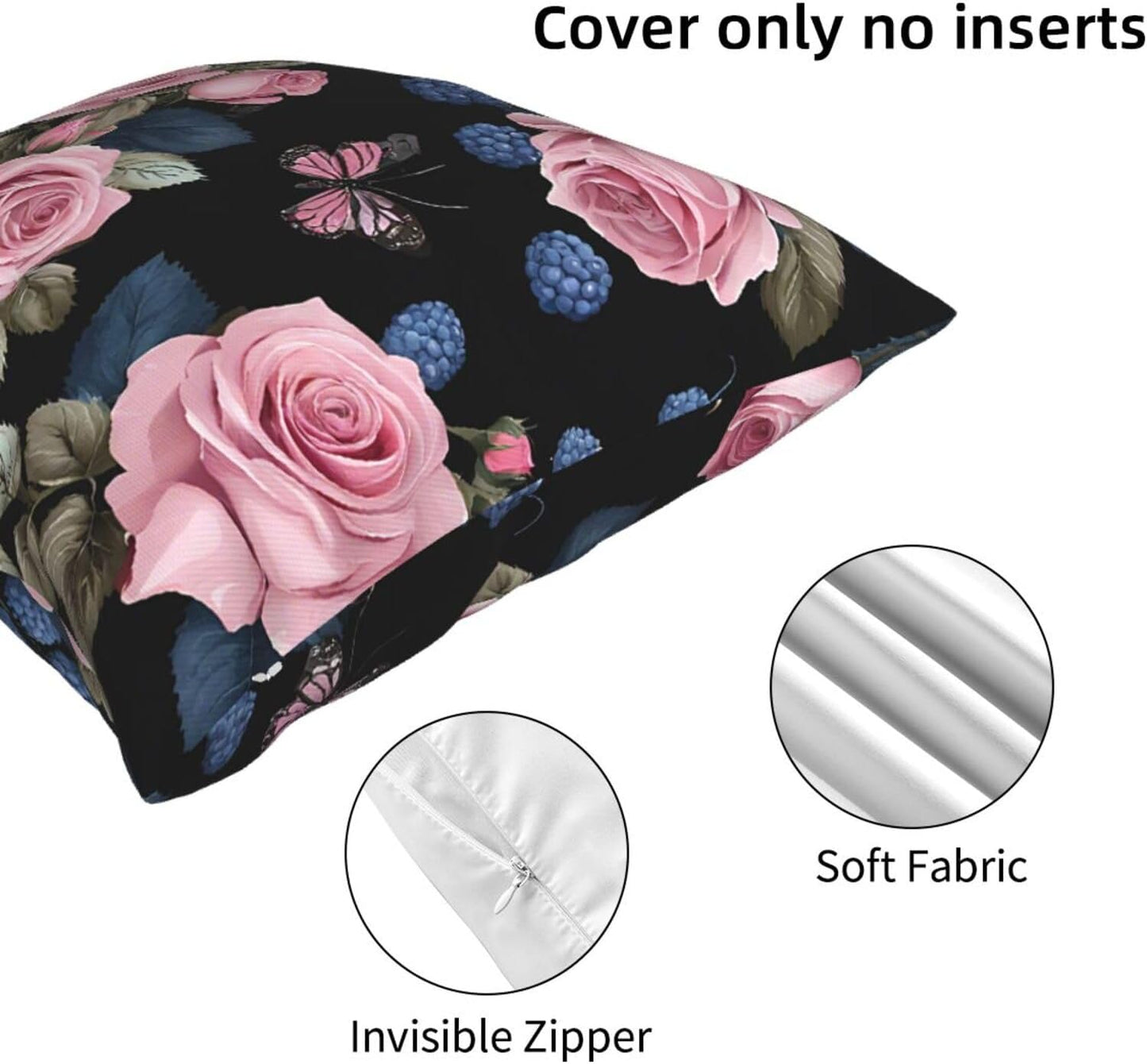 All-Season Square Pillow Covers 18"X18", Black Blackgound Rose, Decorative Throw Pillow Covers For Sofa Bed Couch, Hidden Zipper Cushion Cover, Square Lumbar & Accent Pillowcases For Home Decor