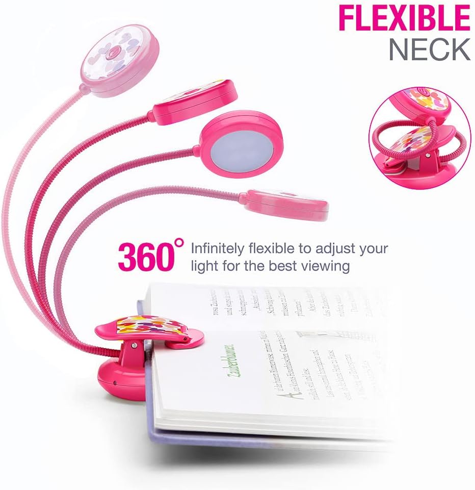 Vekkia Cute Rechargeable Book Light, Eye-Care Clip on Lights for Reading in Bed, 3 Colors & 3 Brightness, 1.8oz Lightweight, Up to 40 Hours Useage, Great Gifts for Kids & Readers (Rose Red)