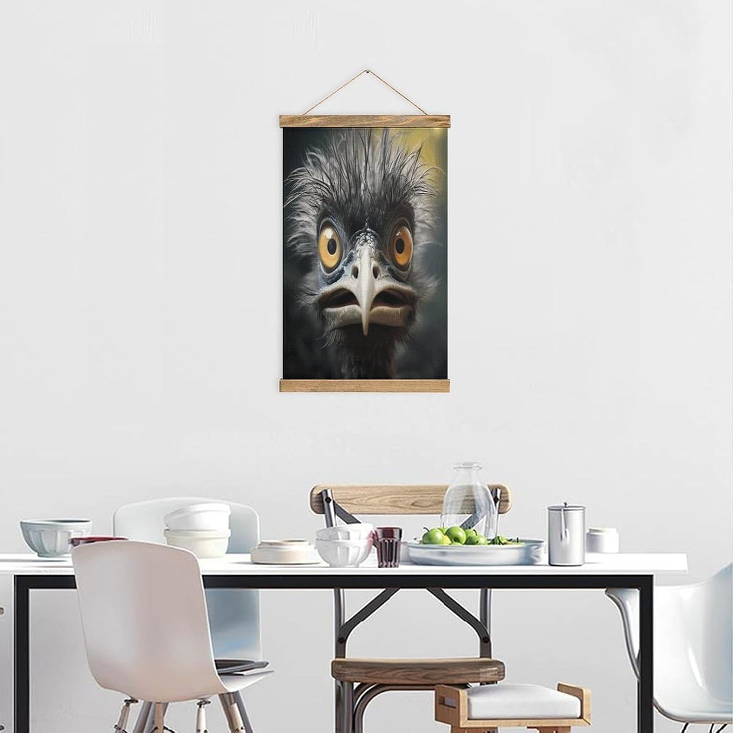 Vintage Emu Poster with Wooden Frame Personalized Linen Hanging Scroll Painting Rustic Wall Hanging Illustrative Modern Artwork Decor for Home Living Room Bedroom Office